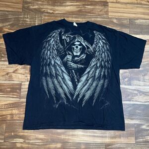 VTG Y2K Grim Reaper Skull Wings T-Shirt Men's Size XXL Black Mall Goth Biker